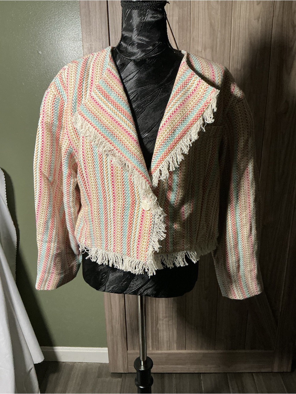 Something Navy Rainbow Multi Cropped Tweed Frayed Hem Blazer Jacket NWT Sz L